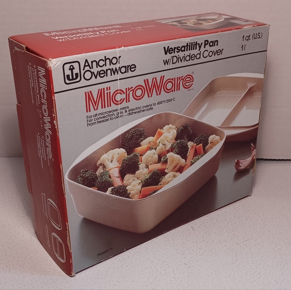 New ANCHOR HOCKING OVENWARE Microwave 1 Qt Divided Versatility Pan PM481-TI USA